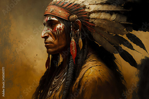 Fototapeta Portrait of native american indian apache -headdress tribal chief hat with feath