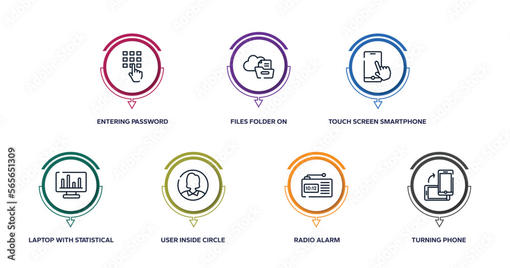 material devices outline icons with infographic template. thin line icons such as entering password, files folder on cloud, touch screen smartphone, laptop with statistical chart, user inside material devices outline icons with infographic template. thin line icons such as entering password, files folder on cloud, touch screen smartphone, laptop with statistical chart, user inside