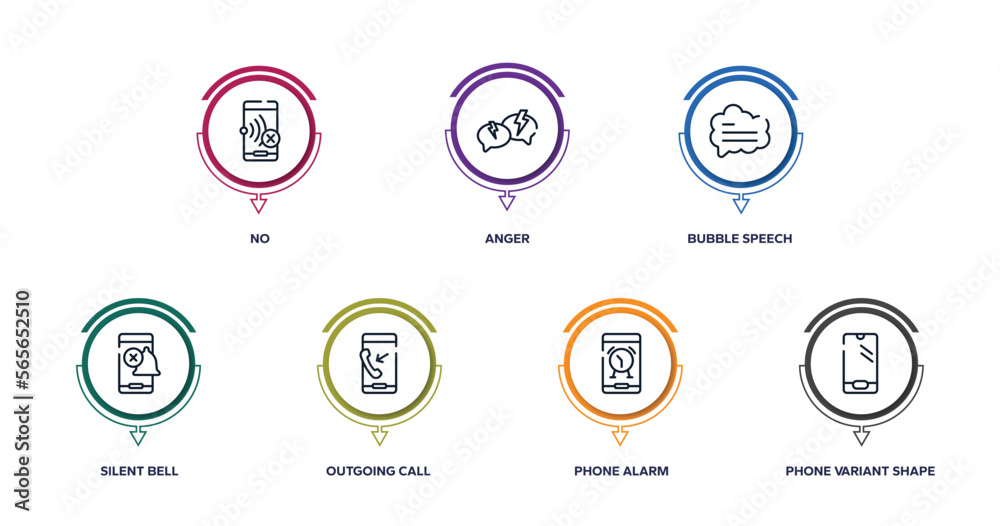 phoneset outline icons with infographic template. thin line icons such as no, anger, bubble speech, silent bell, outgoing call, phone alarm, phone variant shape vector. phoneset outline icons with infographic template. thin line icons such as no, anger, bubble speech, silent bell, outgoing call, phone alarm, phone variant shape vector.