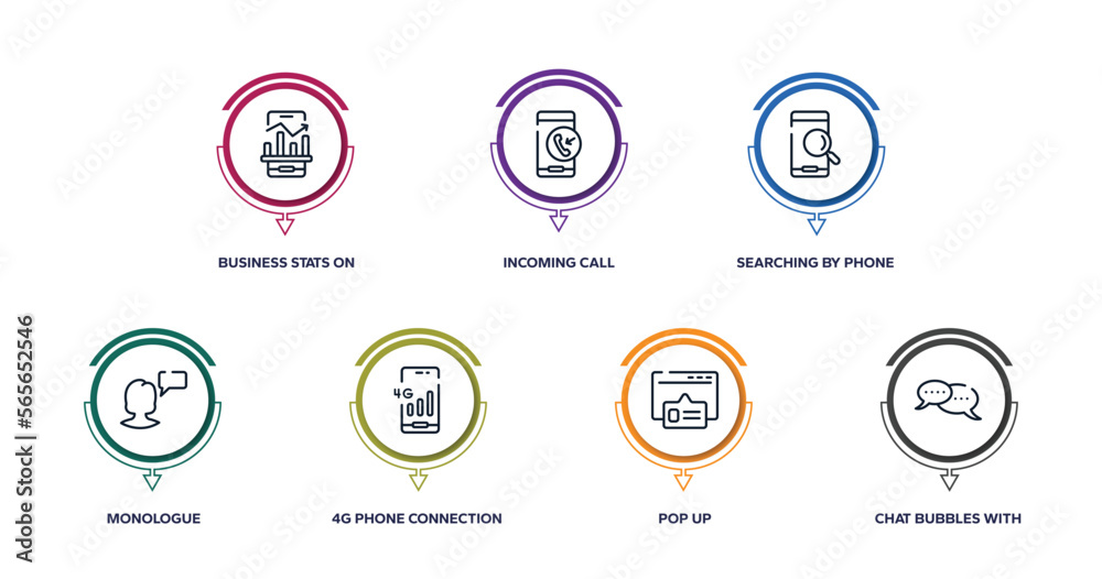 chatting outline icons with infographic template. thin line icons such as business stats on phone, incoming call, searching by phone, monologue, 4g phone connection, pop up, chat bubbles with chatting outline icons with infographic template. thin line icons such as business stats on phone, incoming call, searching by phone, monologue, 4g phone connection, pop up, chat bubbles with