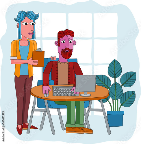 A woman and a man at work business illustration of an office scene with a computer workstation. In an original abstract cubist flat modern cartoon style.