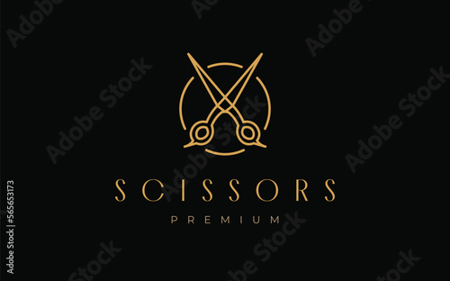 Scissors haircut salon circle sign. Elegant Barbershop logo. Editable vector.