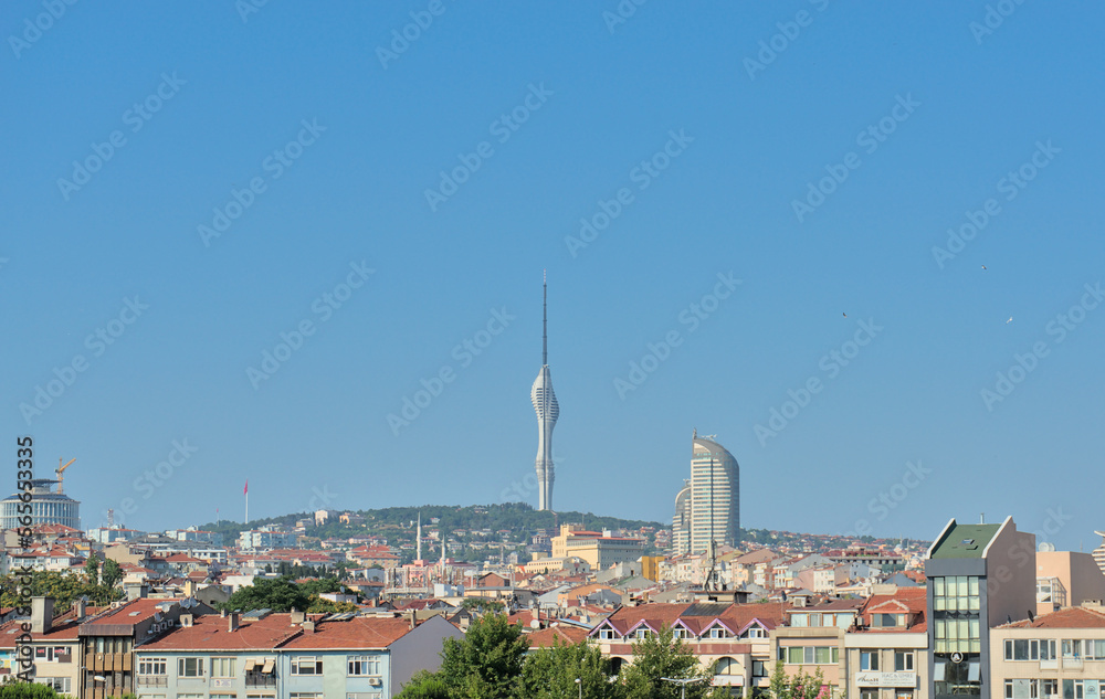 View of the city's high-rise buildings and Istanbul landmark Camlica Tower 