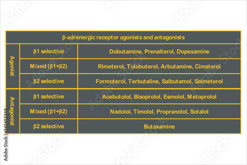 Table showing classification of β adrenergic receptor agonists and atagonists drugs with examples. Dark background neon orange text. photo