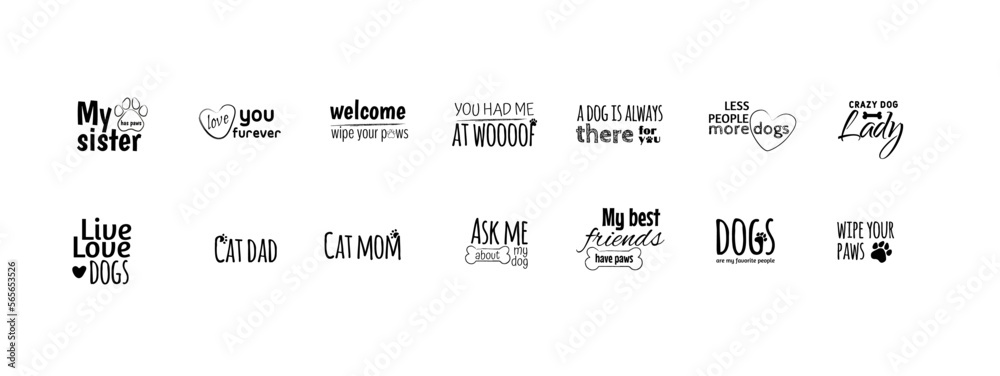 Set hand lettering positive quote about cat and dog, pet care phrases, calligraphy vector illustration collection - obrazy, fototapety, plakaty 