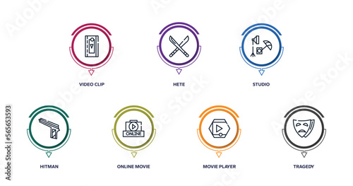 cinema outline icons with infographic template. thin line icons such as video clip, hete, studio, hitman, online movie, movie player, tragedy vector.