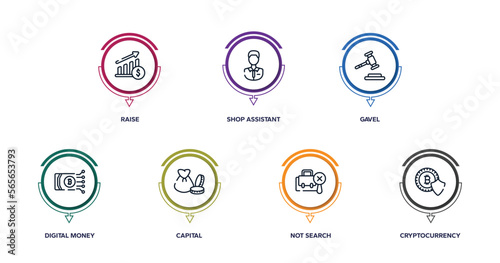jobless outline icons with infographic template. thin line icons such as raise, shop assistant, gavel, digital money, capital, not search, cryptocurrency vector.