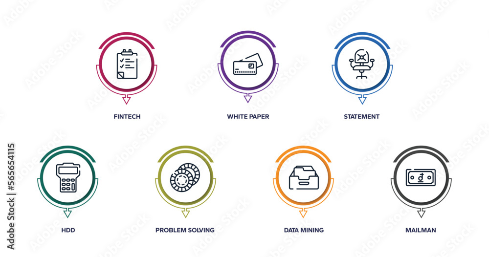 business outline icons with infographic template. thin line icons such as fintech, white paper, statement, hdd, problem solving, data mining, mailman vector. business outline icons with infographic template. thin line icons such as fintech, white paper, statement, hdd, problem solving, data mining, mailman vector.