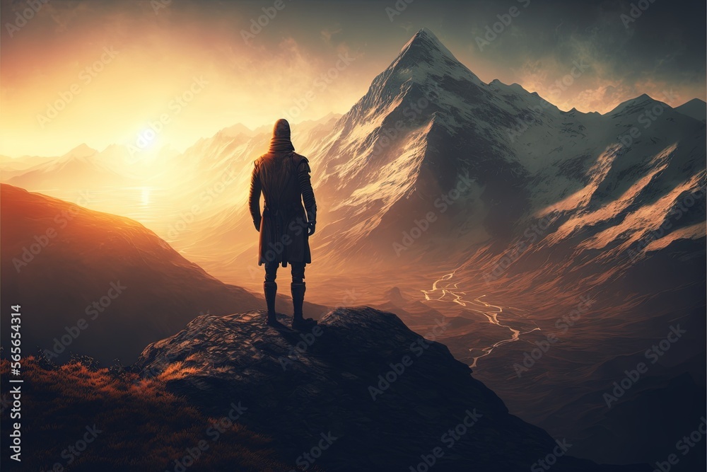 proud Man standing on a high hill near a majestic mountainous delightful landscape, sunset, rays of the golden sun, conqueror of new lands, explorer, adventure, travel, wanderer, game, film. AI