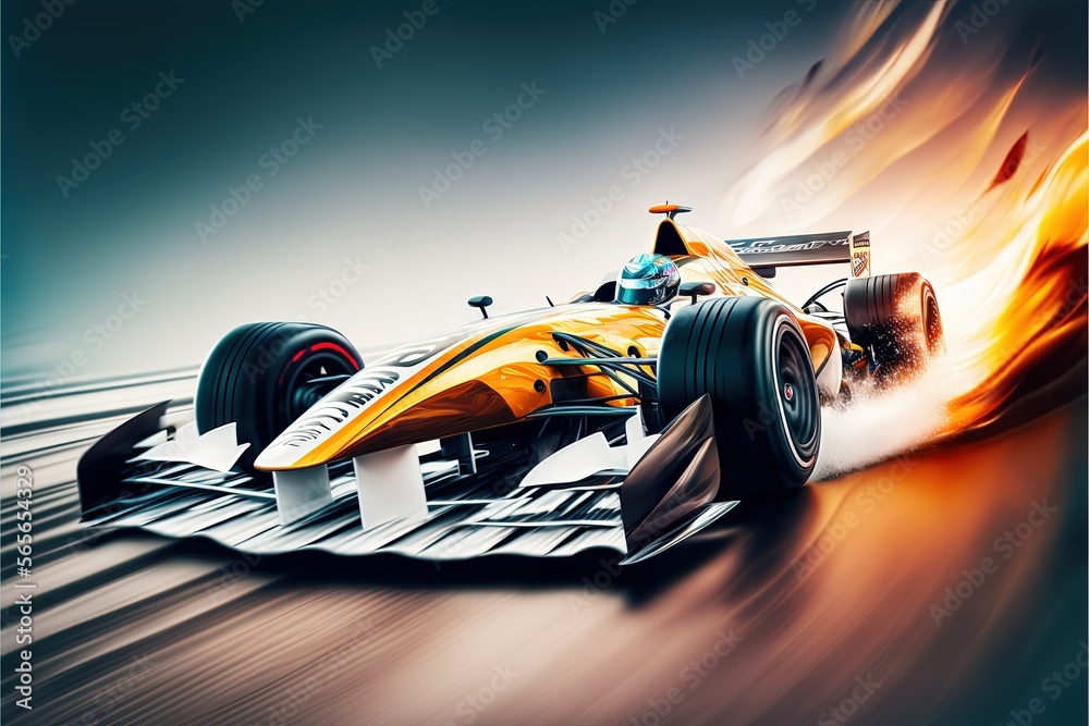 High quality wallpaper Racing car in motion, speed limit, championship, racing, track, driver, formula 1, neon trail, poster, high resolution, game, skills, danger, professional, courage. AI