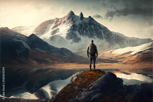 Image Traveler man standing on a hill near a picturesque mountain landscape, mountains, hills, lake, water, explorer, science,nature,diversity, unknown world, vacation, fresh air, foothills, clouds.AI