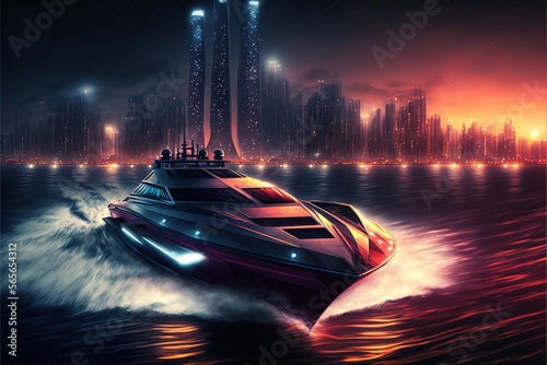Modern high-speed swimming in the bay, night city, high resolution, illustration, luxury, leisure, sunset wealth, party, tourism, vast ocean, speeding speed yacht cuts the water surface, travel. AI