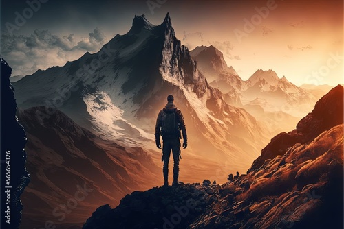 Wanderer proudly standing on a high hill near a picturesque mountain landscape under sunset,difficulties, struggle, step over difficulties,never give up,see unexplored corners of the planet,courage.AI