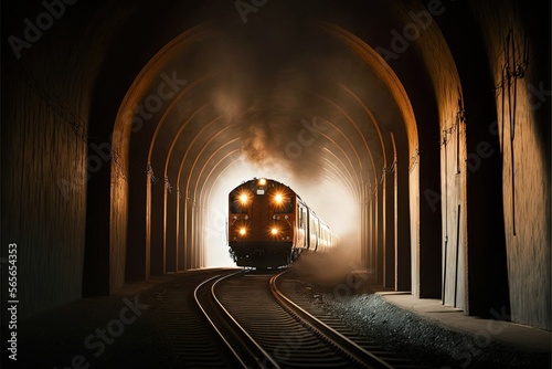Fototapeta Naklejka Na Ścianę i Meble -  Illustration of a train in a tunnel with light in high resolution, subway, public transport, travel, speed, industrial, rails, power, infrastructure, logistics, traffic, electricity, bright light. AI