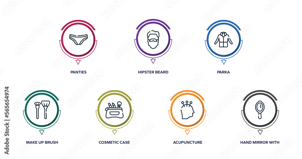 beauty outline icons with infographic template. thin line icons such as panties, hipster beard, parka, make up brush, cosmetic case, acupuncture, hand mirror with shine vector.