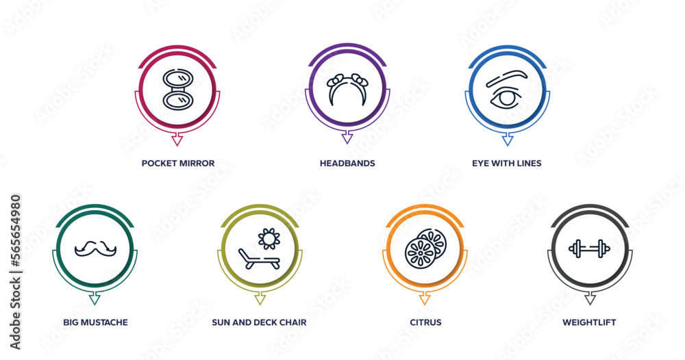 beautiful outline icons with infographic template. thin line icons such as pocket mirror, headbands, eye with lines, big mustache, sun and deck chair, citrus, weightlift vector. beautiful outline icons with infographic template. thin line icons such as pocket mirror, headbands, eye with lines, big mustache, sun and deck chair, citrus, weightlift vector.