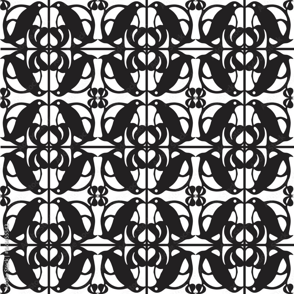 Seamless pattern of a Victorian wrought iron fence railing with blackbirds