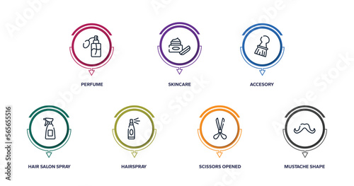 hair salon outline icons with infographic template. thin line icons such as perfume, skincare, accesory, hair salon spray bottle and can, hairspray, scissors opened tool, mustache shape vector.