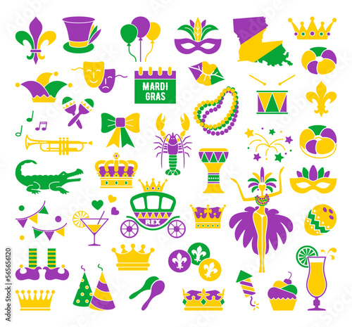 Mardi Gras carnival set icons, flat style. Collection Mardi Gras, mask with feathers, beads, jester hat, fleur de lis