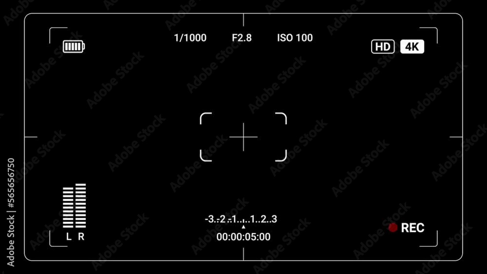 Video animation of a DSLR camera display with multiple settings and timer. 4K recording interface for video cameras.