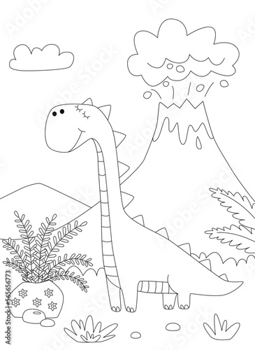 Funny cartoon dinosaur Diplodocus. Black and white vector illustration for coloring book