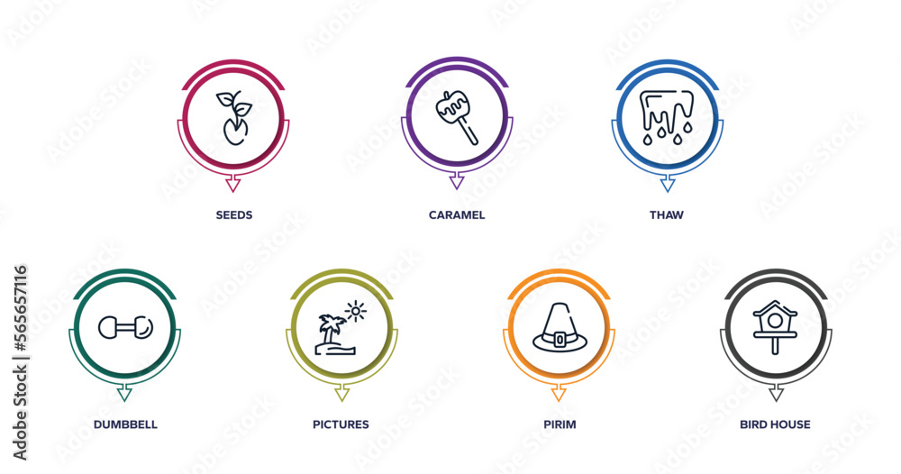 spring outline icons with infographic template. thin line icons such as seeds, caramel, thaw, dumbbell, pictures, pirim, bird house vector. spring outline icons with infographic template. thin line icons such as seeds, caramel, thaw, dumbbell, pictures, pirim, bird house vector.