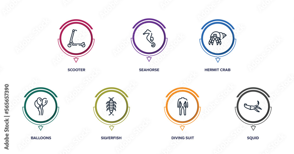 animals outline icons with infographic template. thin line icons such as scooter, seahorse, hermit crab, balloons, silverfish, diving suit, squid vector. animals outline icons with infographic template. thin line icons such as scooter, seahorse, hermit crab, balloons, silverfish, diving suit, squid vector.
