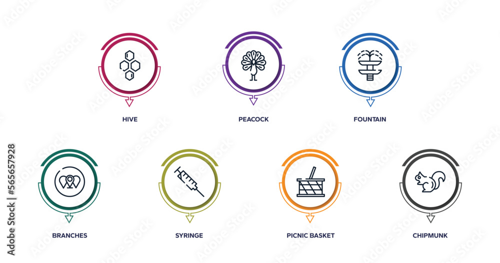 animal head outline icons with infographic template. thin line icons such as hive, peacock, fountain, branches, syringe, picnic basket, chipmunk vector.