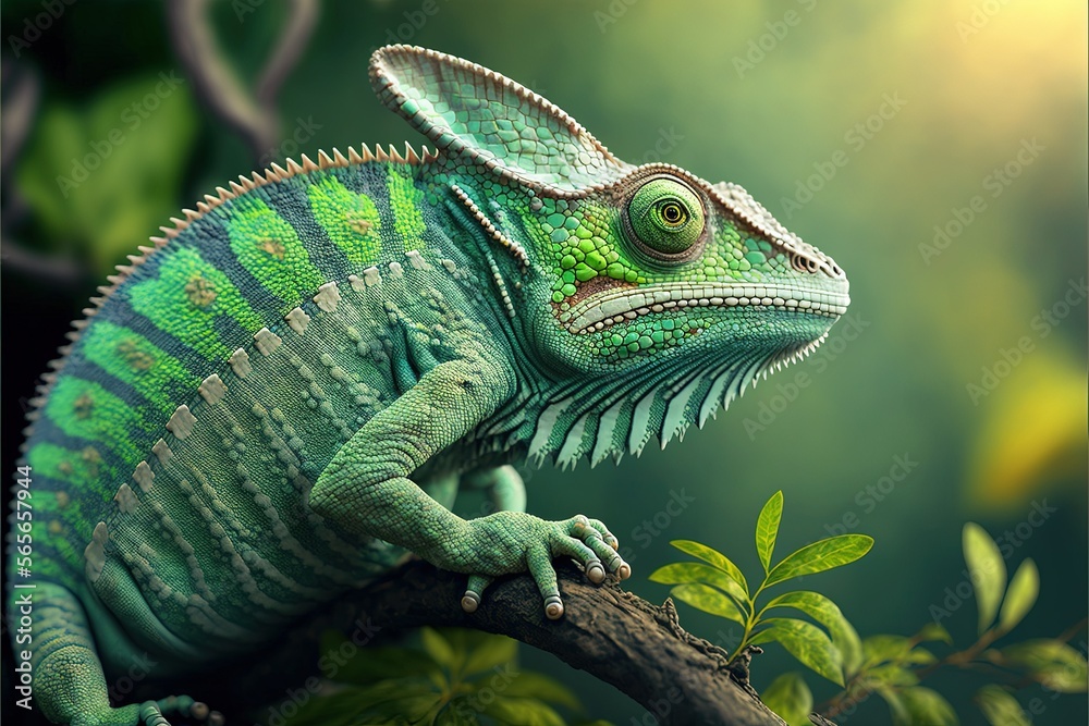 Green chameleon close-up, stylish wallpaper, picture, picture, high resolution, detail, bright saturated colors, nature, fauna, disguise, change color, observe, branch, tree, blurred background. AI