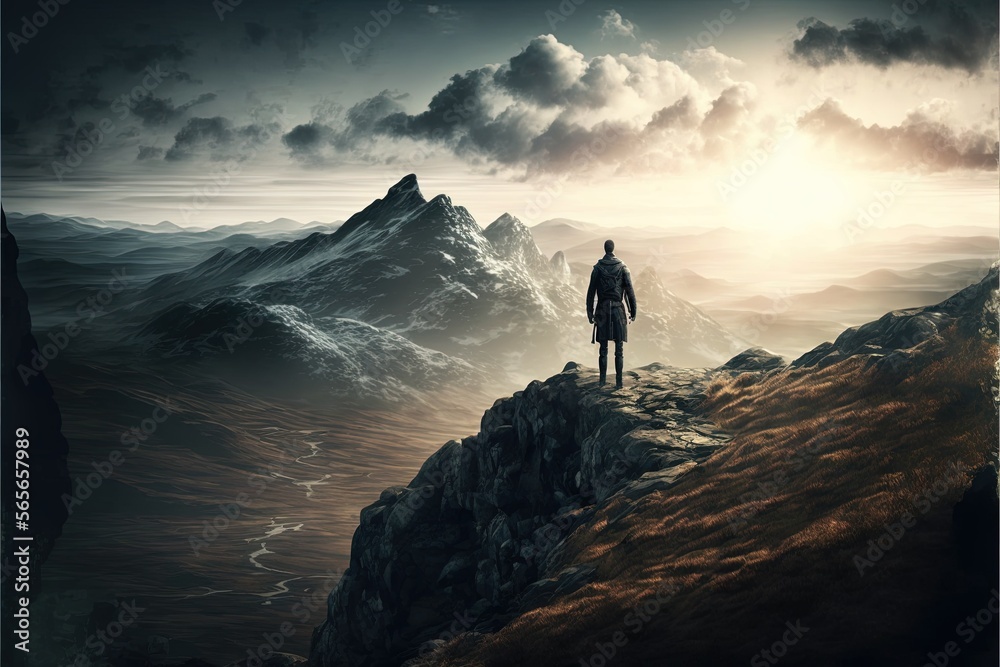 A man standing on a hill near a mountain landscape, high resolution, king of the hill, success, overcome difficulties, conquer the world, wanderer,nature, sports, recreation, beautiful view. AI