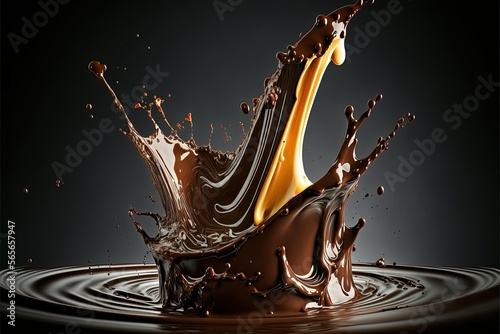 Splashes of hot melted dark chocolate, high resolution illustration, marketing, advertising, sweet, taste, dessert, splash, drink, milky, cocoa, waves, realistic, calories, 3d render, splash. AI