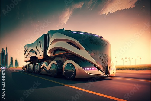 Futuristic truck delivering cargo in scenic area, highway, sunset, warm colors, science, technology development, electric car, future truck, beautiful sky, battery, range, automation, autopilot. AI