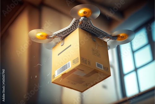 Modern technologies in action as a flying drone, technology development concept, near future, service, cargo transportation, parcel delivery, warehouse, labor facilitation, automated production. AI photo