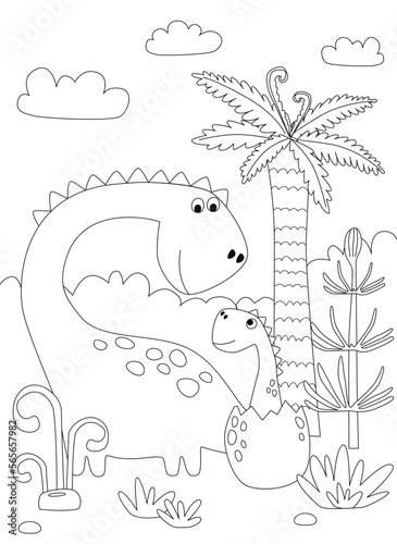 Funny cartoon dinosaur Diplodocus and little dino. Black and white vector illustration for coloring book