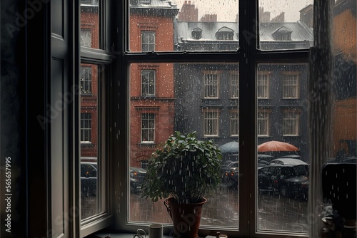 A rainy day can be seen from the window, thematic high-quality wallpapers, raindrops on the insole, sadness, aesthetics, calmness, peace, umbrellas, a modern apartment, a panoramic window,plant. AI