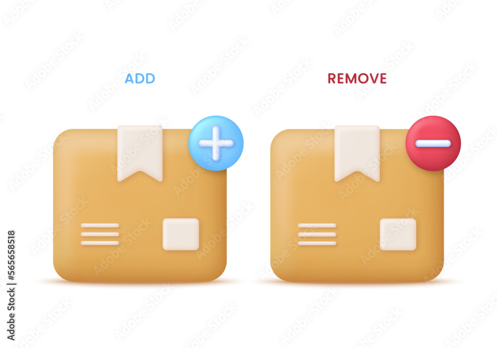 3D Delivery package illustration. Add or remove package. Shipping box and cardboard box. 3D Delivery package illustration. Add or remove package. Shipping box and cardboard box.