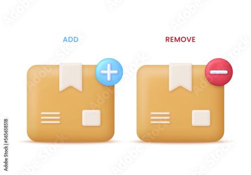 3D Delivery package illustration. Add or remove package. Shipping box and cardboard box.