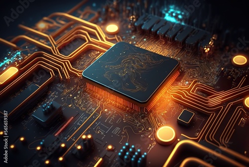 CPU der Zukunft auf modernen Motherboard. Darstellung zukünftiger Technologie der künstlichen Intelligenz. Leuchtender Prozessor. photo