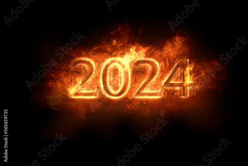 rok 2024 - napis zrobiony z ognia i fajerwerków rozświetlający ciemność