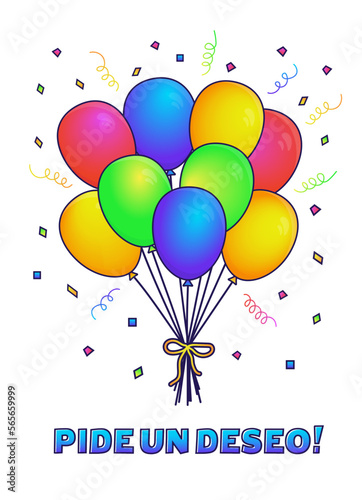  Pide un deseo card. Make a wish greeting bright cheerful cards set in Spanish with balloons and confetti. Flat vector illustration.