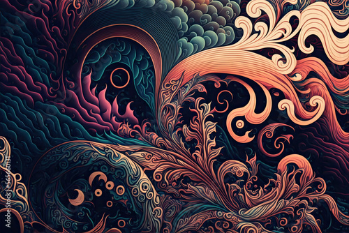 Psychedelic vintage waves pattern. Generative AI.