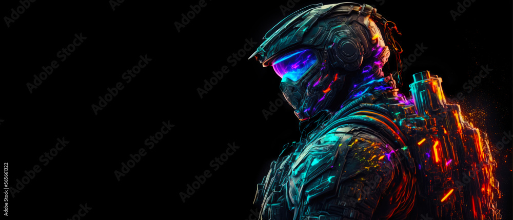 Futuristic special force soldier with black background generative Ai