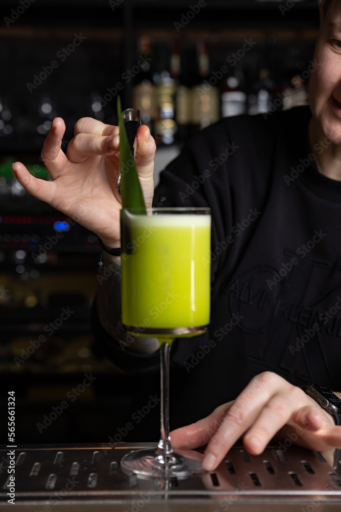 the bartender prepares a delicious alcoholic cocktail the bartender prepares a delicious alcoholic cocktail