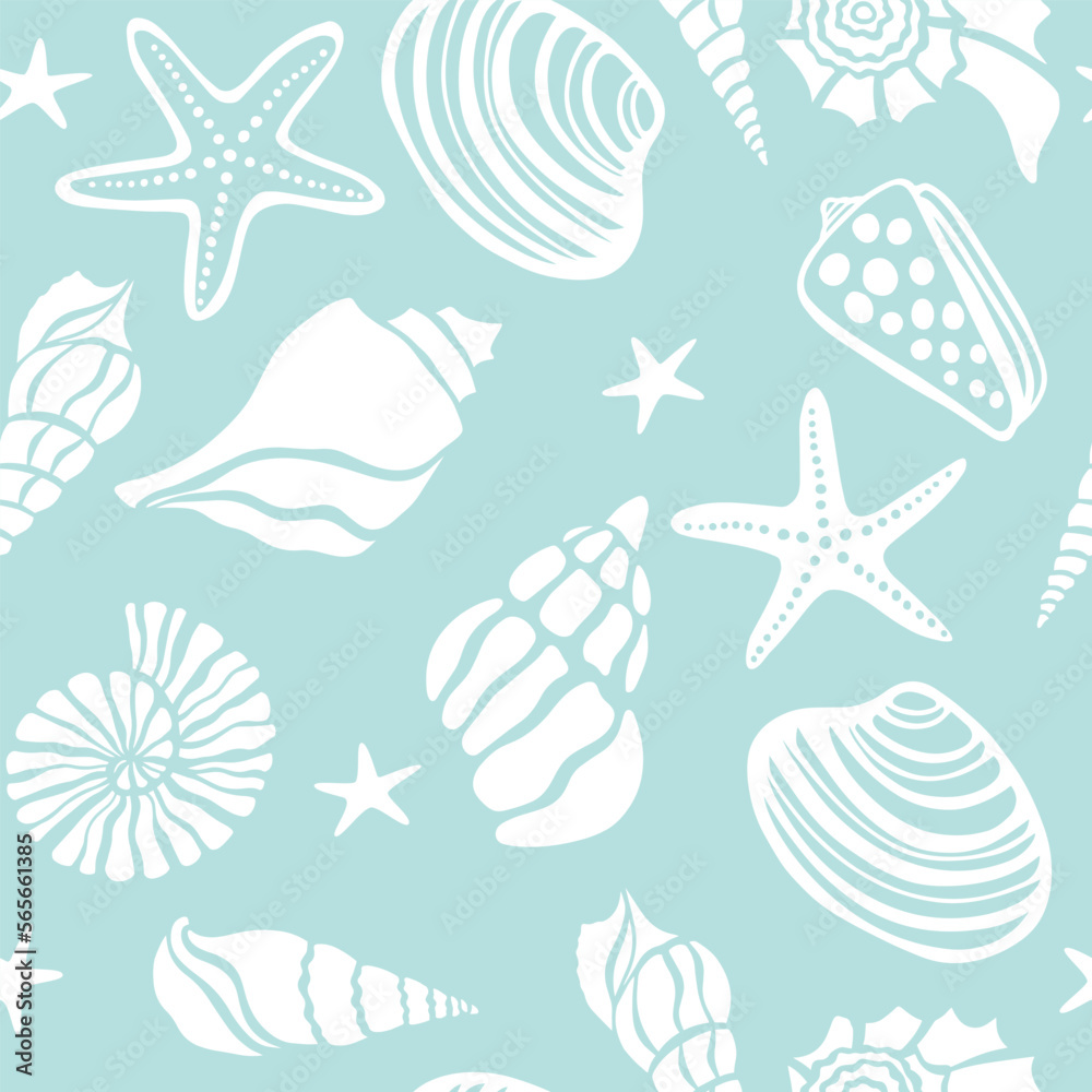 Seamless shells, starfish underwater life hand drawn vector seamless pattern background