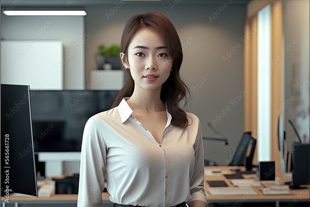 Beautiful Asian business woman smile in modern office. Smart and confident . Generative AI Beautiful Asian business woman smile in modern office. Smart and confident . Generative AI