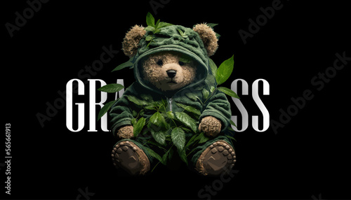Tela Plush cute bear doll in an embrace with a marijuana bush on a black background