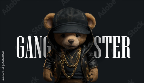 Cute, funny teddy bear in a cap and with a chain on a black background. Gangster kars slogan with a bear doll. Vector illustration