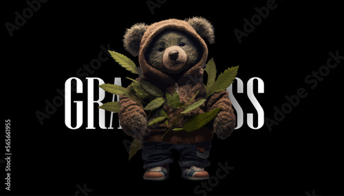 Plush cute bear doll in an embrace with a marijuana bush on a black background. For street style t shirt design graphic. Vector illustration	
