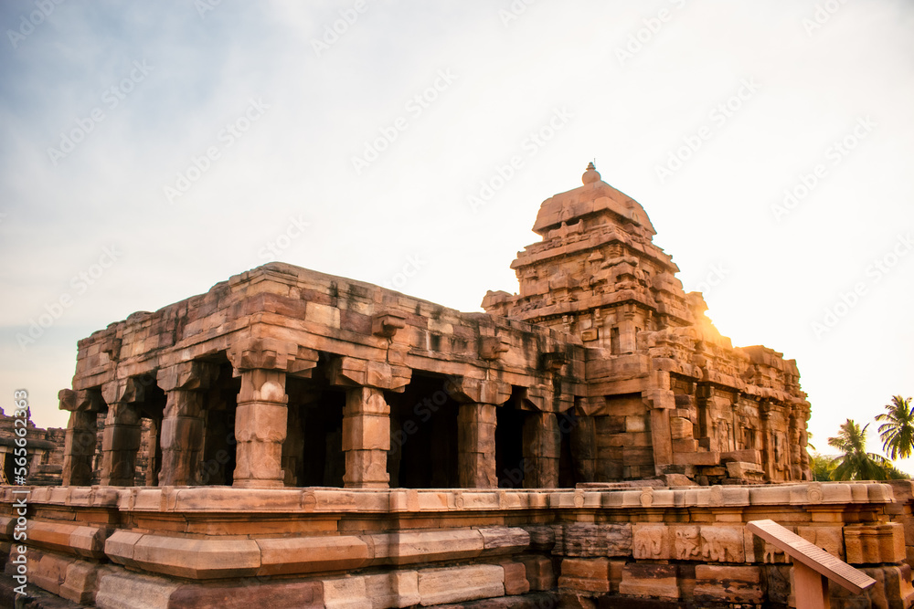 Ancient Sangameshwara temple with decorated pillars at Pattadakal heritage site,Karnataka,India.