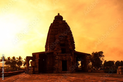 Ancient Galaganatha temple against beautiful sunset at Pattadakal Karnataka India.